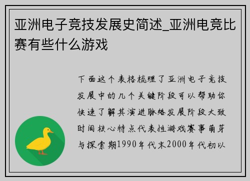亚洲电子竞技发展史简述_亚洲电竞比赛有些什么游戏