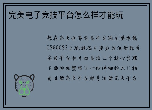 完美电子竞技平台怎么样才能玩